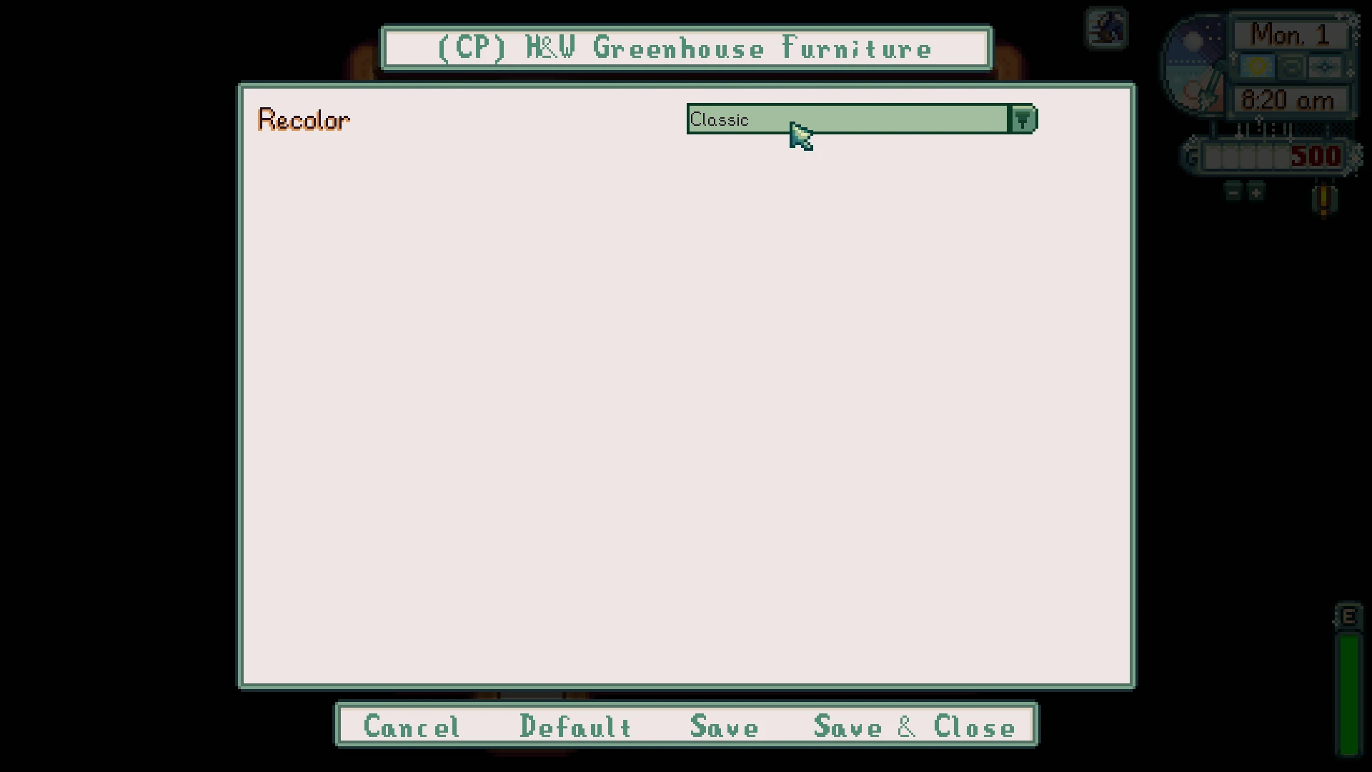 HxW Greenhouse Furniture mod for Stardew Valley