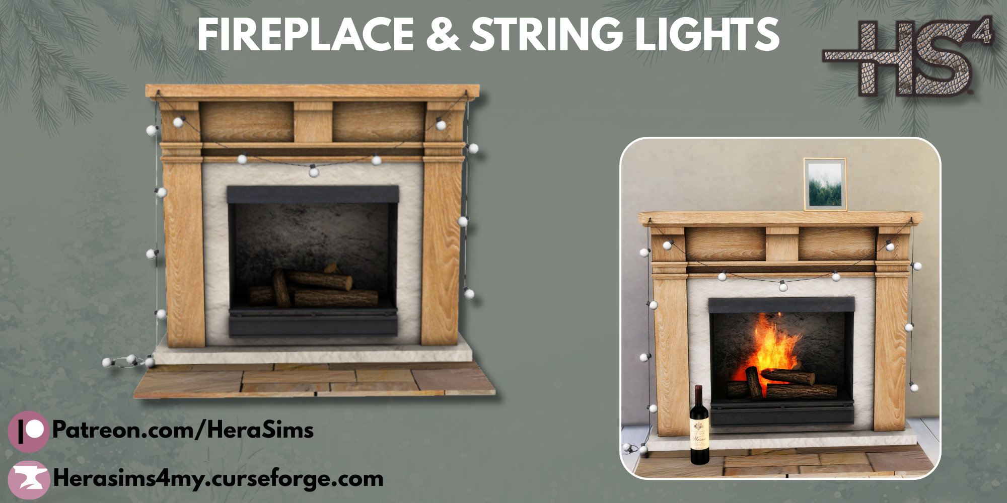 Fireplace with string lights mod for The Sims 4 