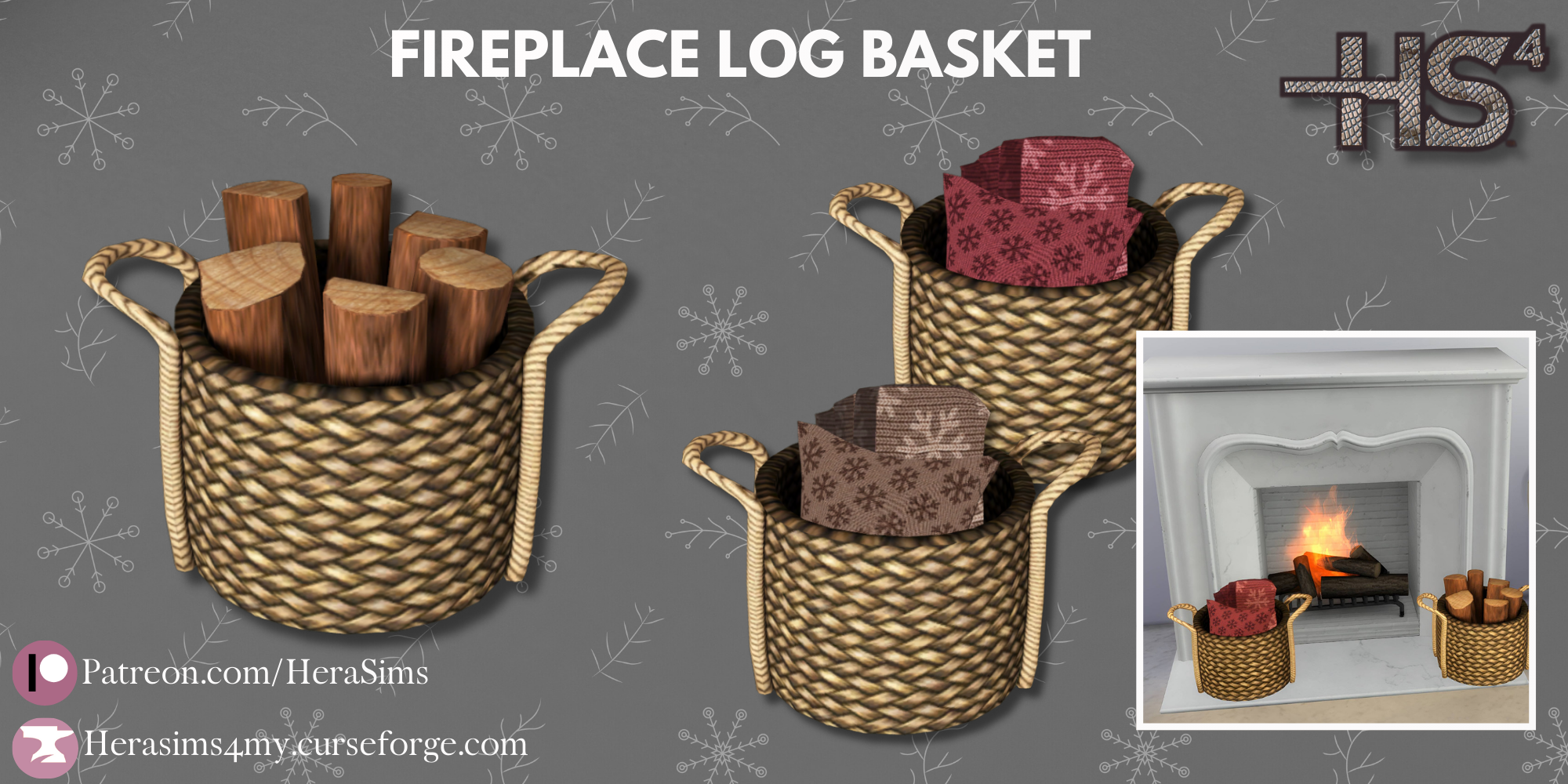 Fireplace log basket set mod for The Sims 4 