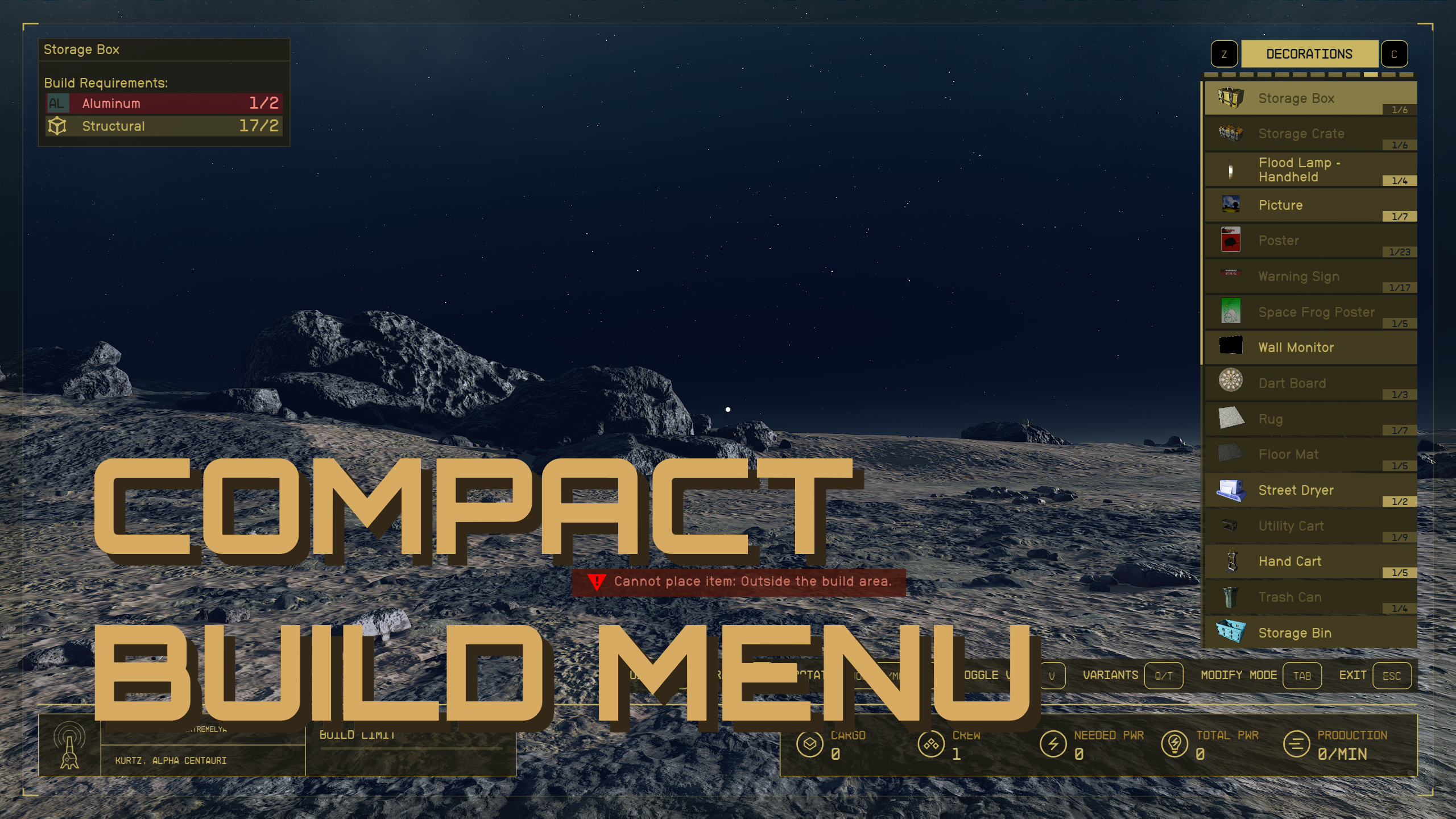 Compact Build Menu UI mod for Starfield