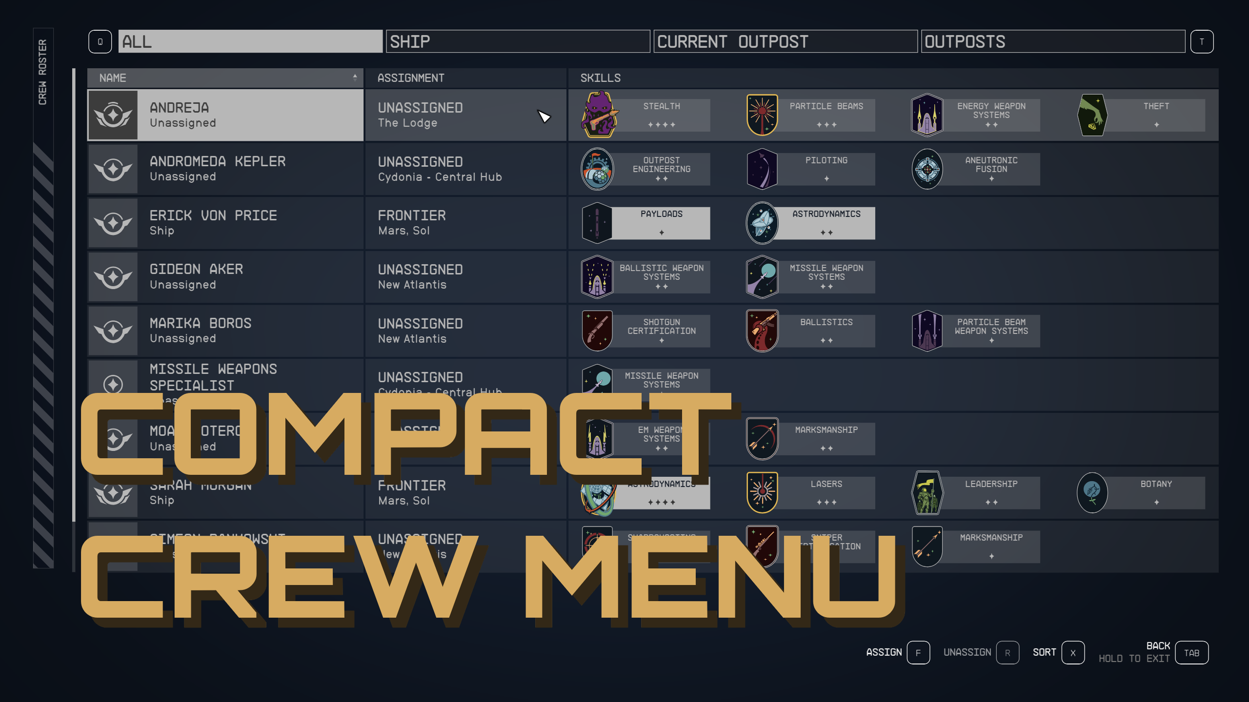 Compact Crew Menu UI mod for Starfield