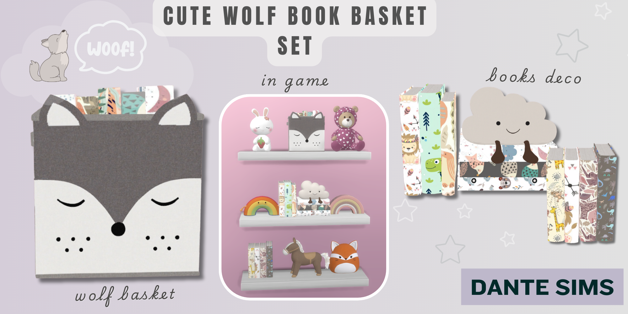 Cute wolf book basket set mod for The Sims 4 