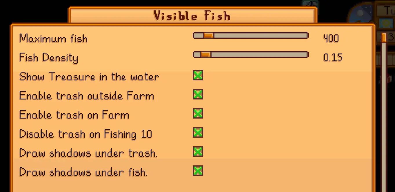 Visible Fish - see catchable fish in the water mod for Stardew Valley