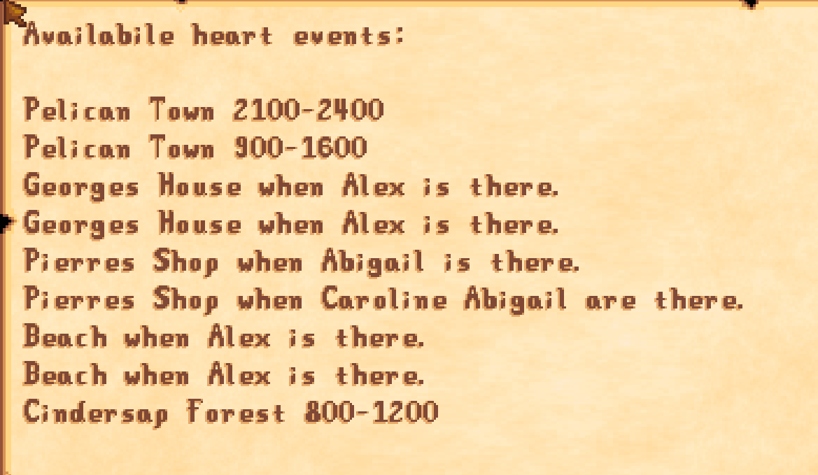 Event Lookup mod for Stardew Valley