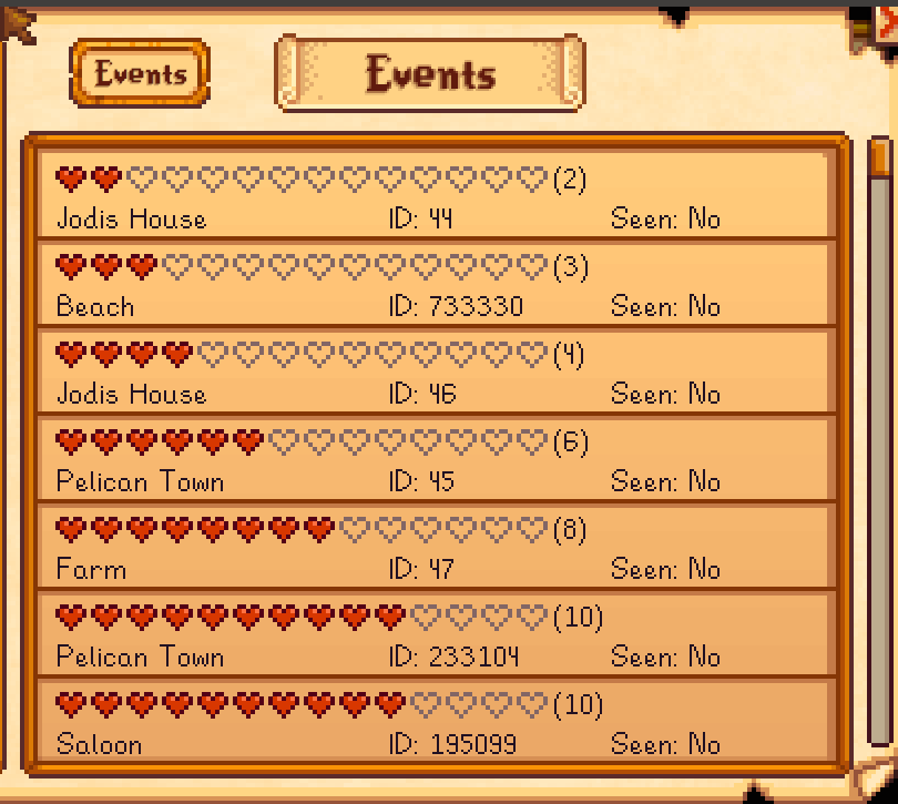 Event Lookup mod for Stardew Valley