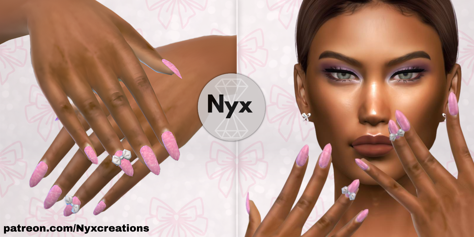Barbie pink nails with ribbon mod for The Sims 4 