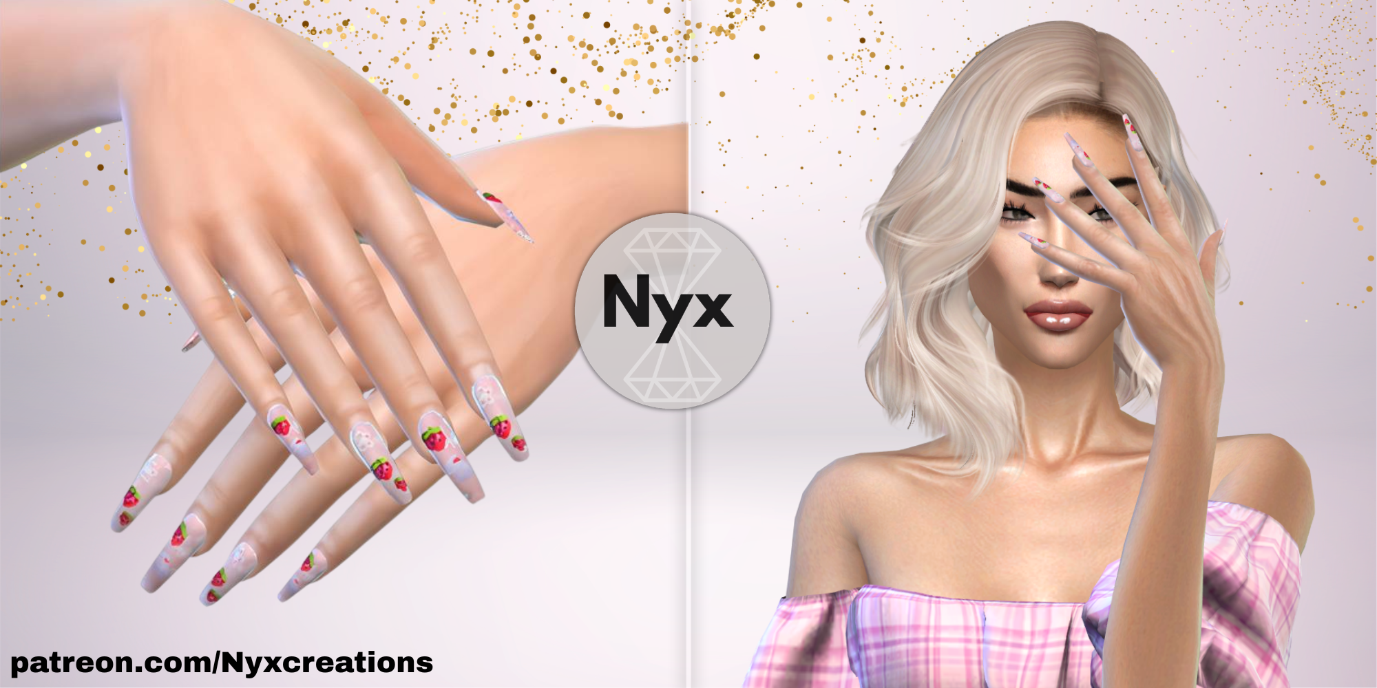 Long nails with strawberry & bunny stickers mod for The Sims 4 
