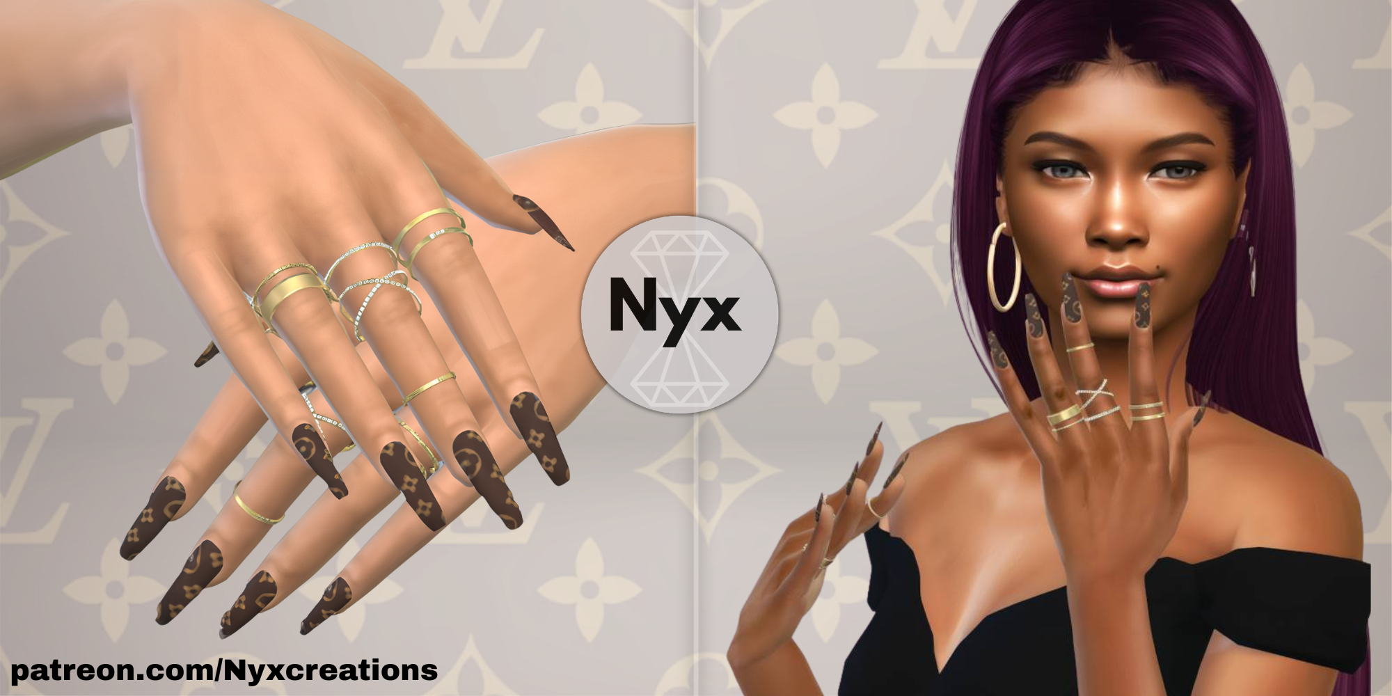 Louis Vuitton Floral long nails mod for The Sims 4 
