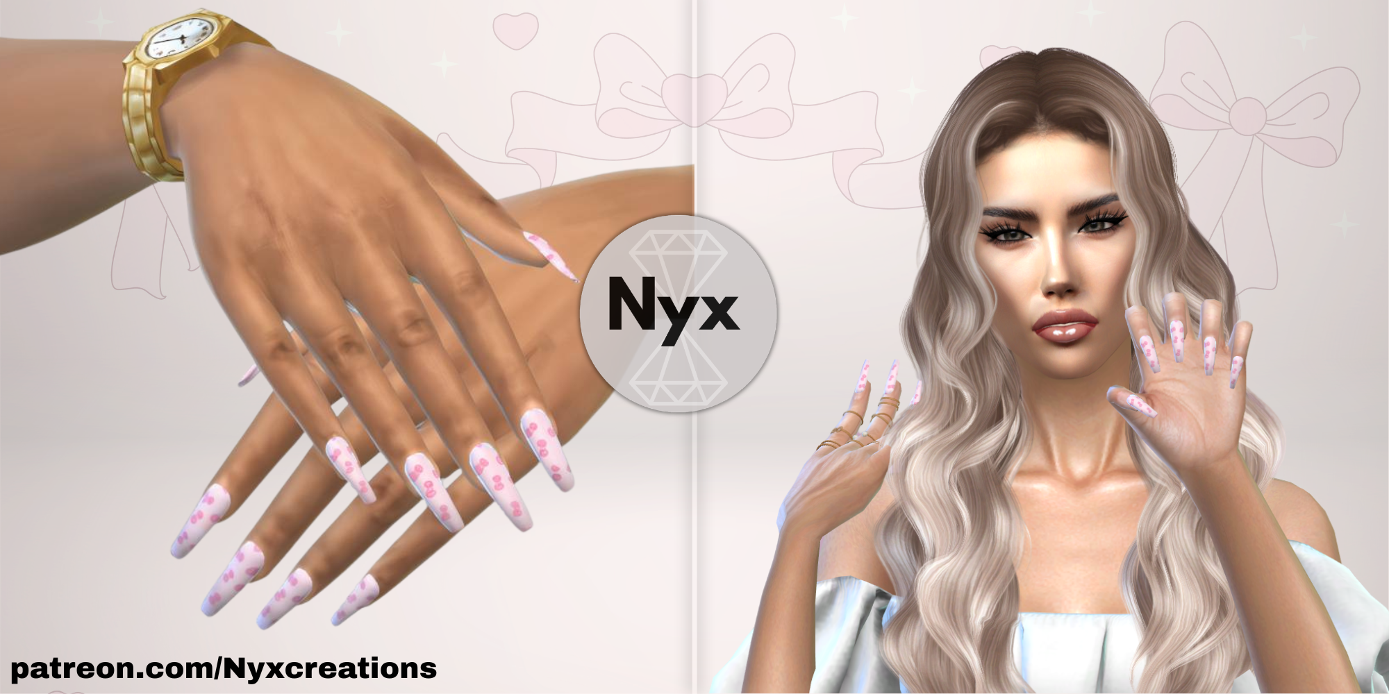 Pink ribbon long nails mod for The Sims 4 