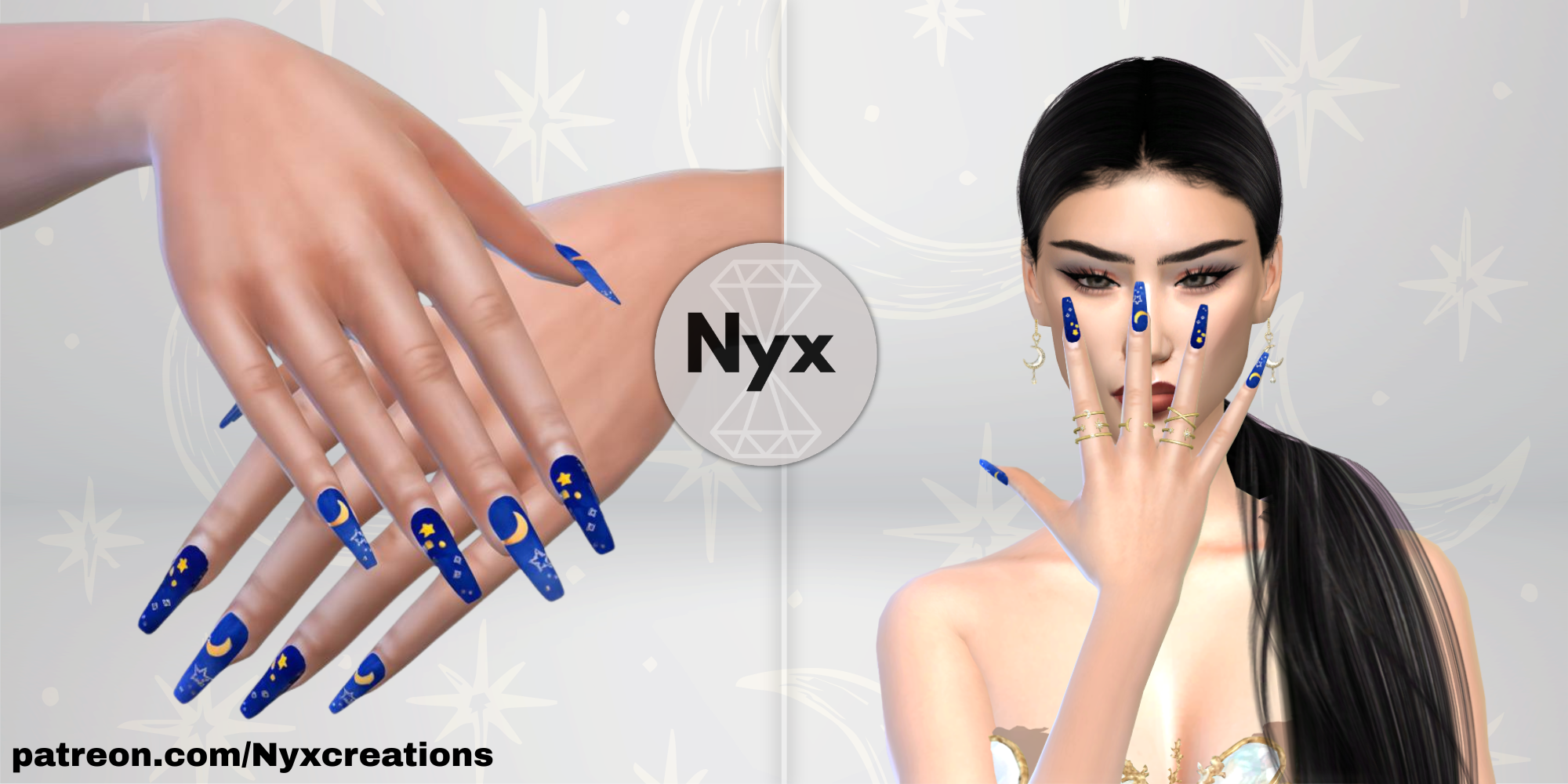 Long nails with moon & stars stickers mod for The Sims 4 