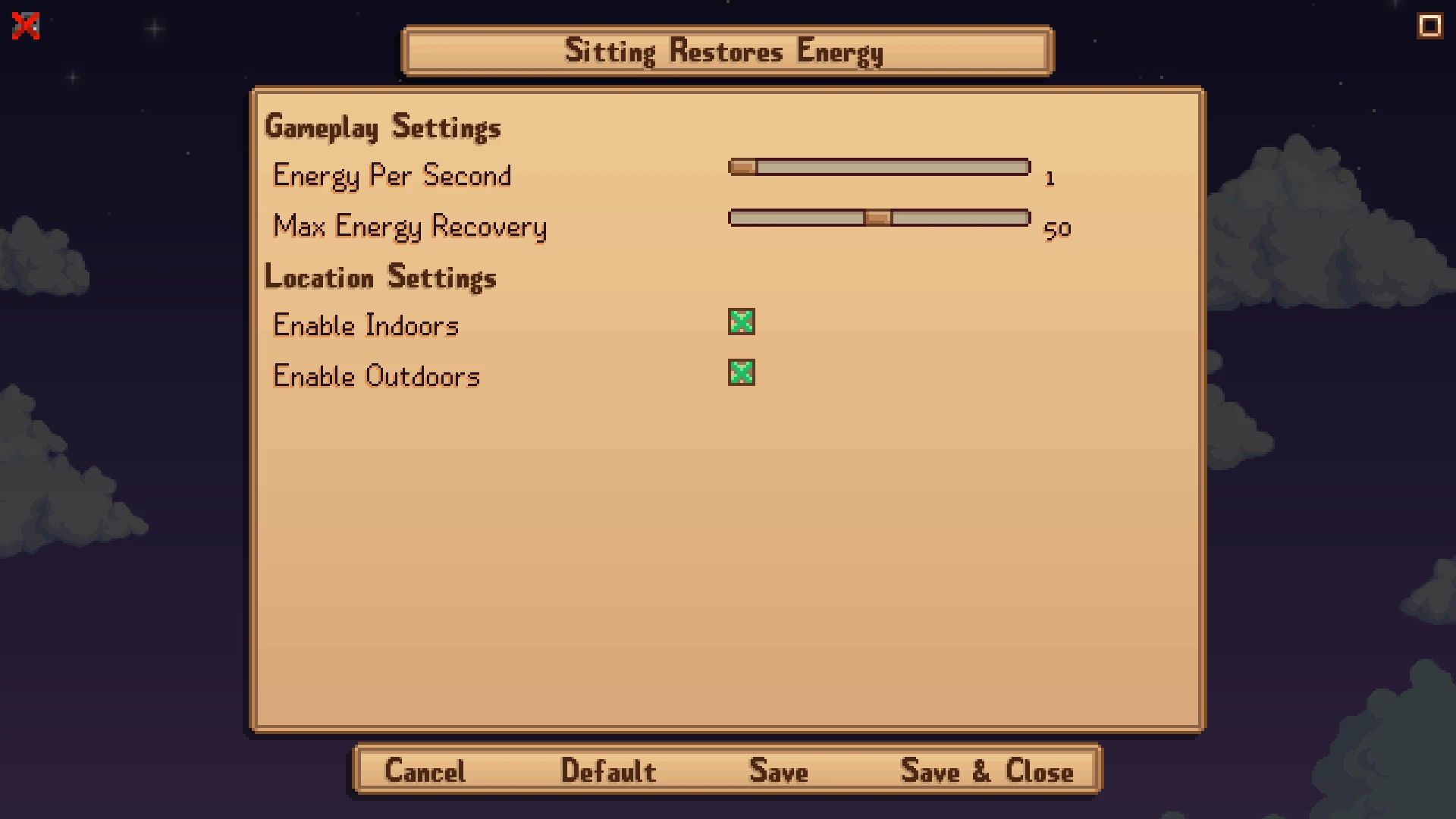Sitting Restores Energy mod for Stardew Valley
