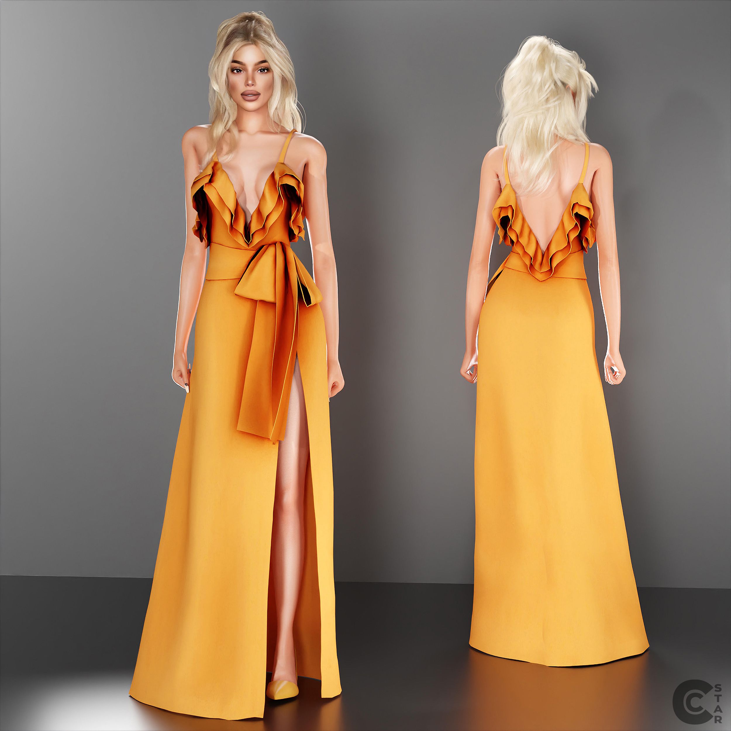 Ruffled Plunge Maxi Gown with Bow mod for The Sims 4 