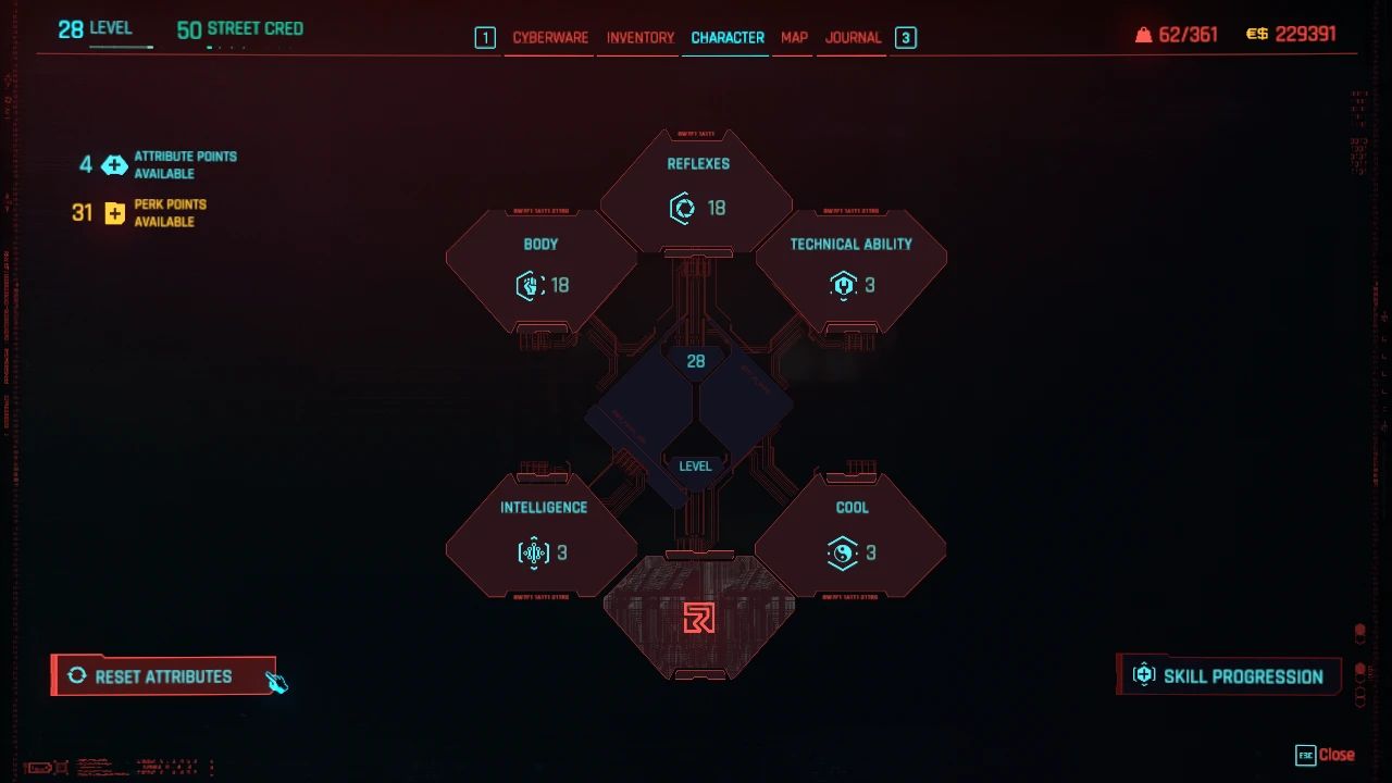 Reset Attributes always available - Redscript mod for Cyberpunk 2077