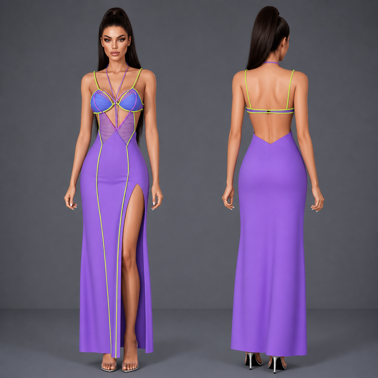 Sheer Panel Strappy Bodice HighSlit Flowy Maxi Dress mod for The Sims 4 