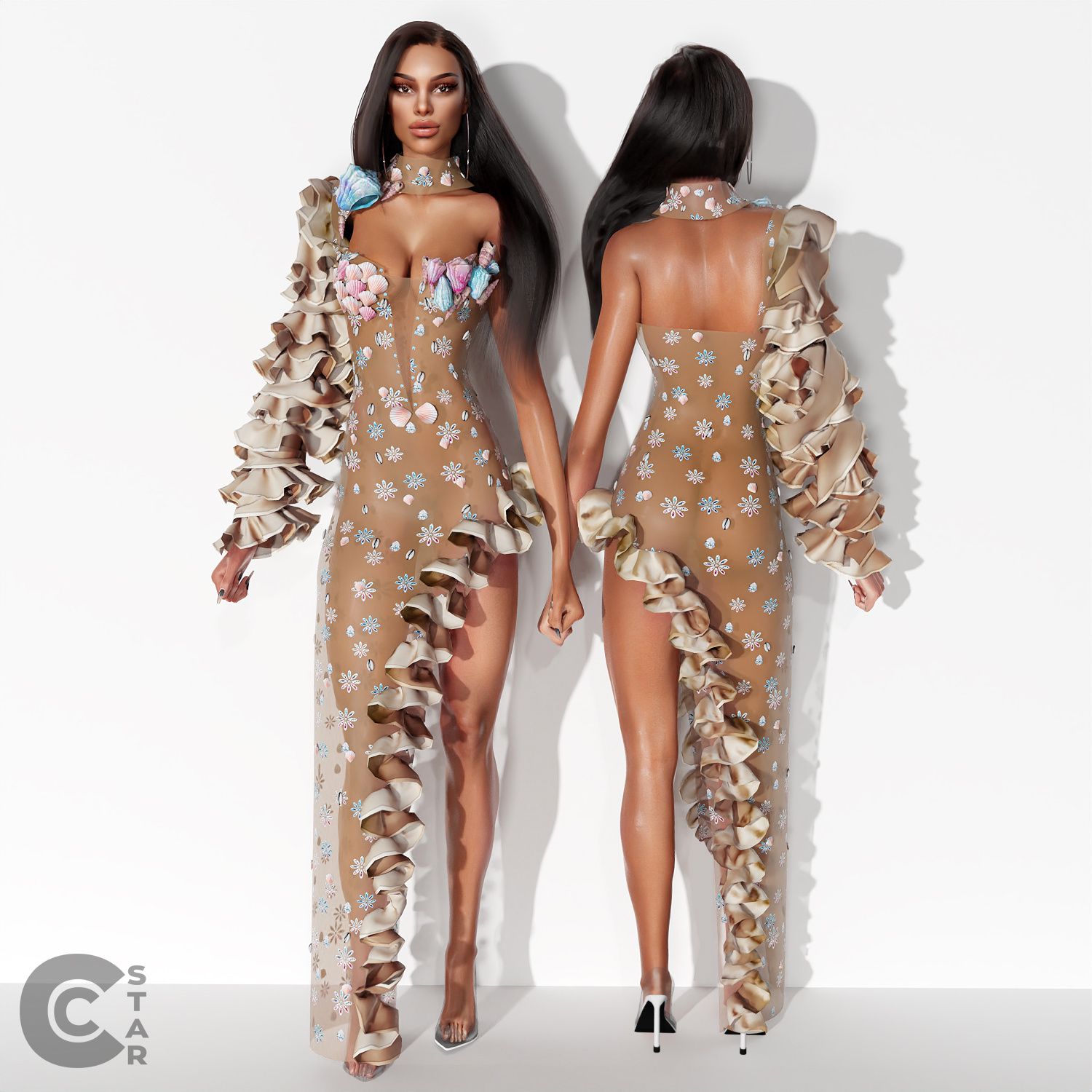 Sheer Floral Sequin Ruffle One Sleeve Gown mod for The Sims 4 