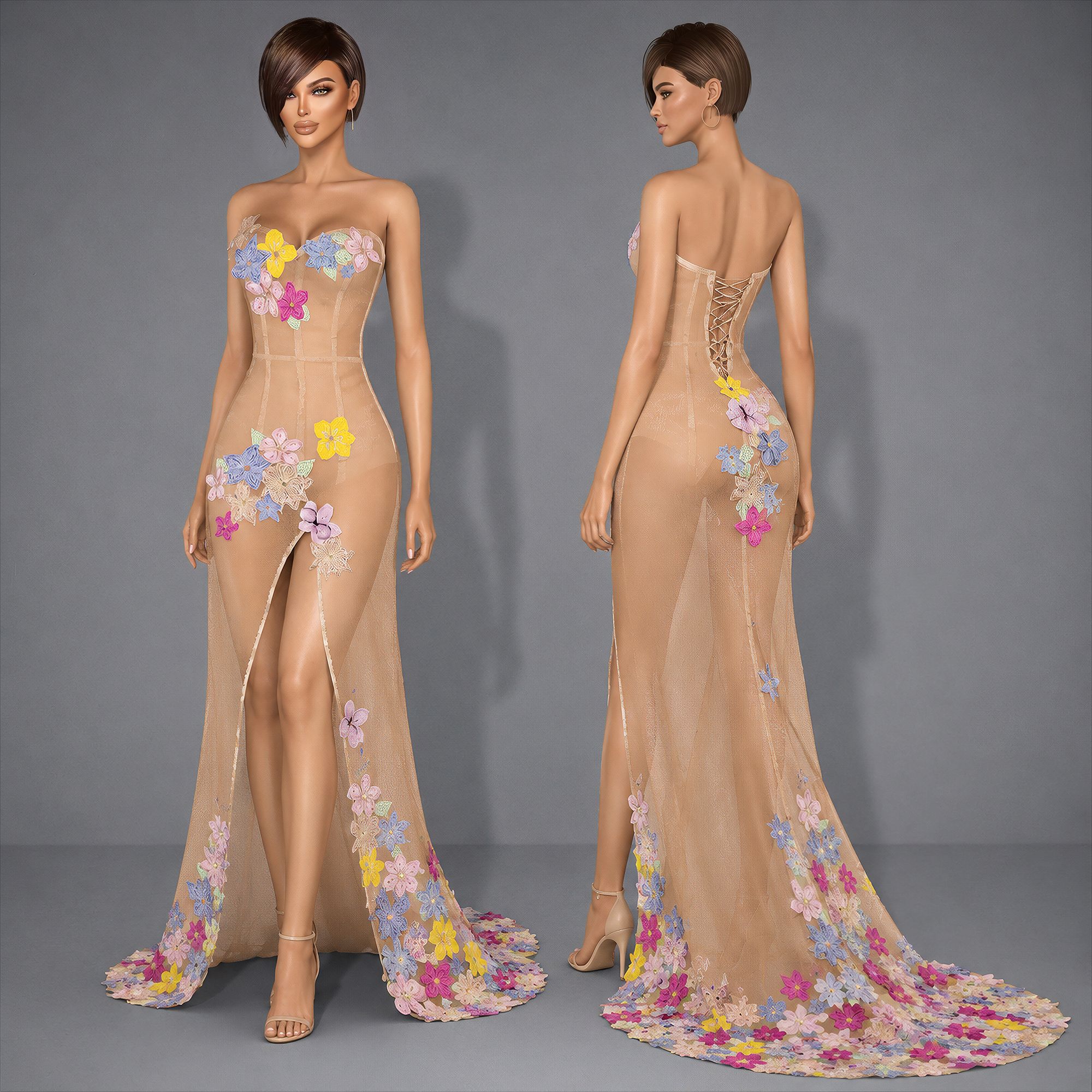 Sheer Floral Applique Corset High Slit Gown mod for The Sims 4 