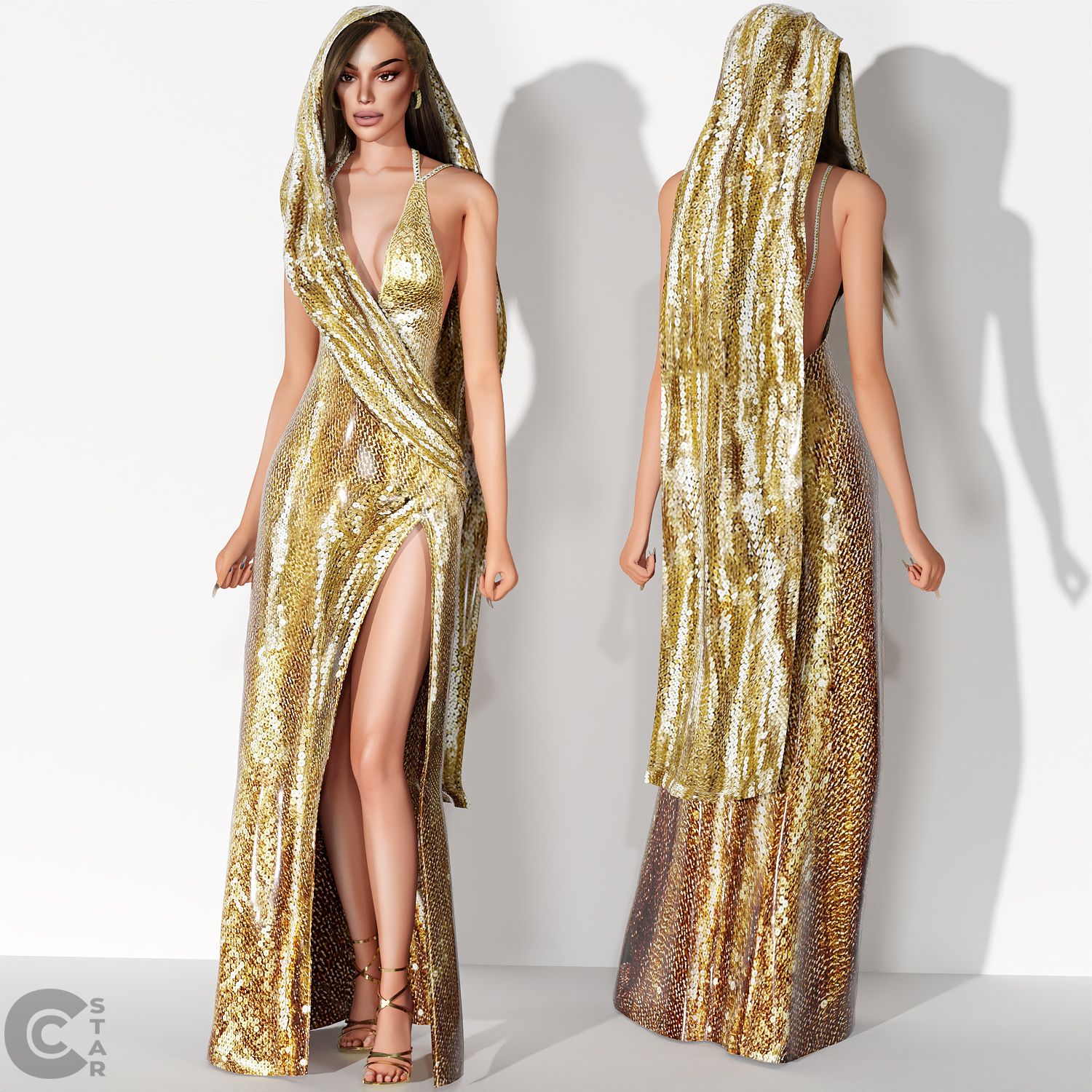 Hooded Thigh High Slit Paillette Gown mod for The Sims 4 