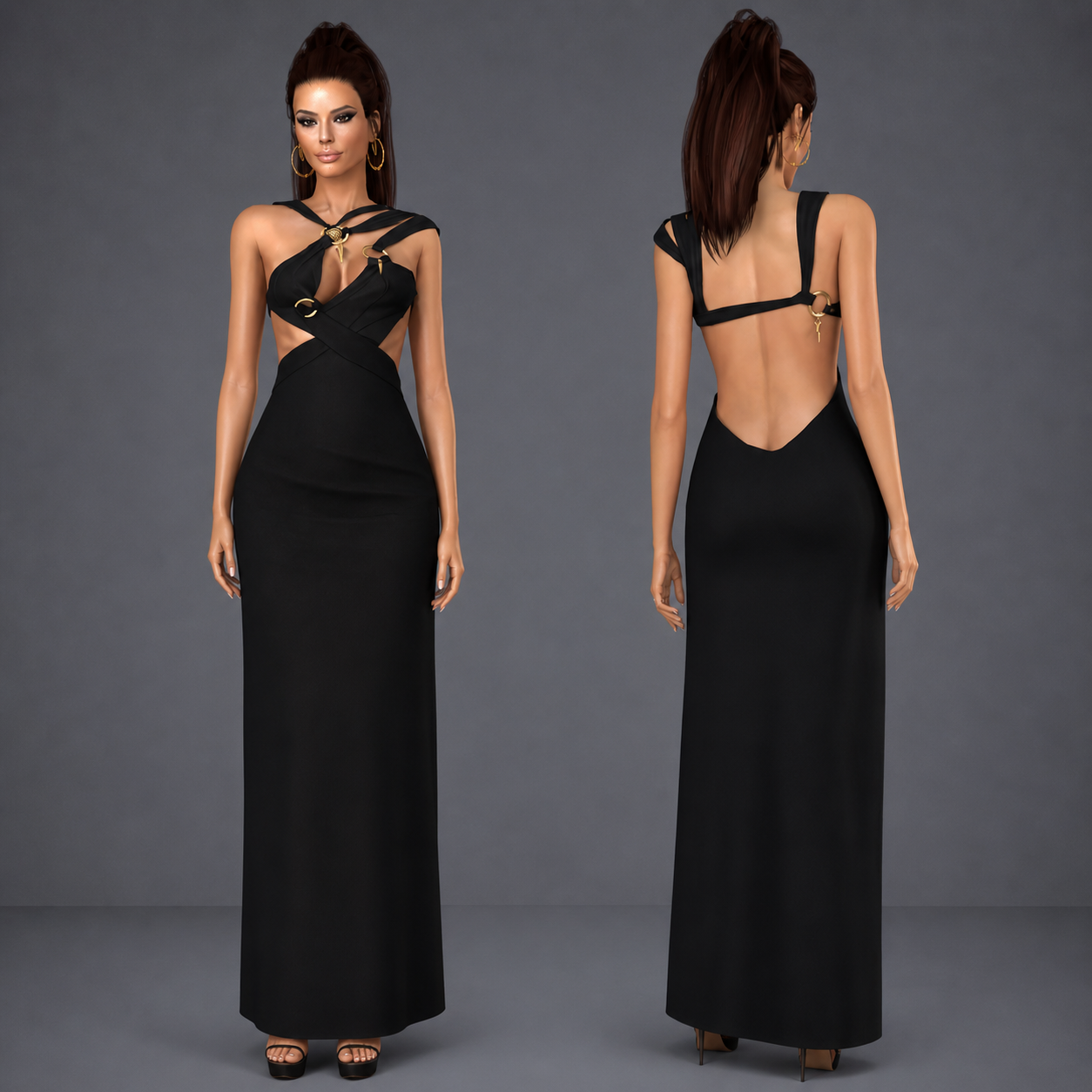 Cross Strap Cutout Metal Hardware Maxi Dress mod for The Sims 4 