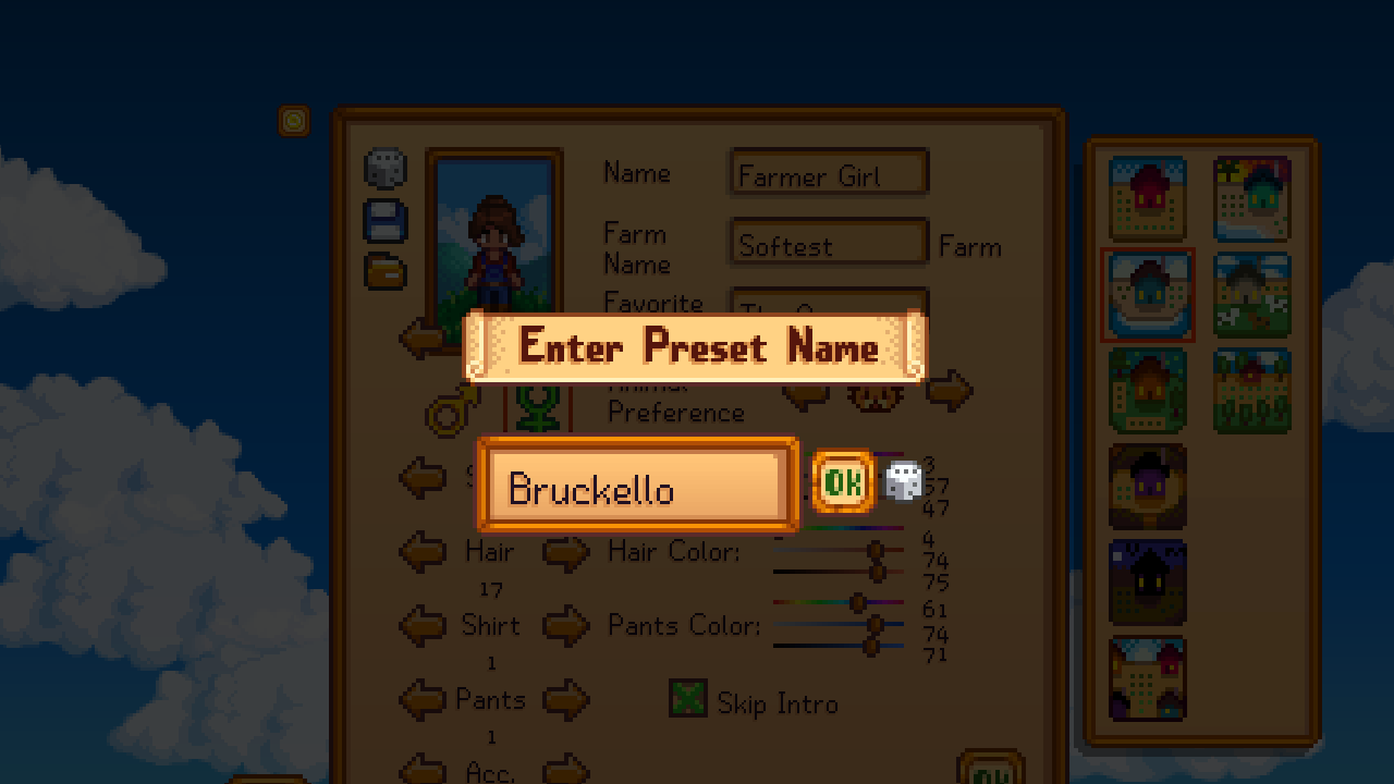 Save and Load Character Presets (Default Farmer Settings - Vanilla-Friendly - Multiple Slots - Helper Menu) mod for Stardew Valley