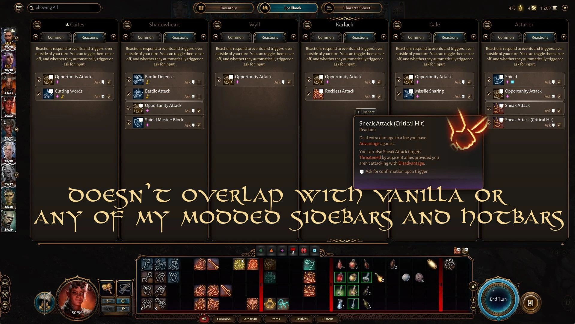 Better Character and Party Panels mod for Baldur's Gate 3
