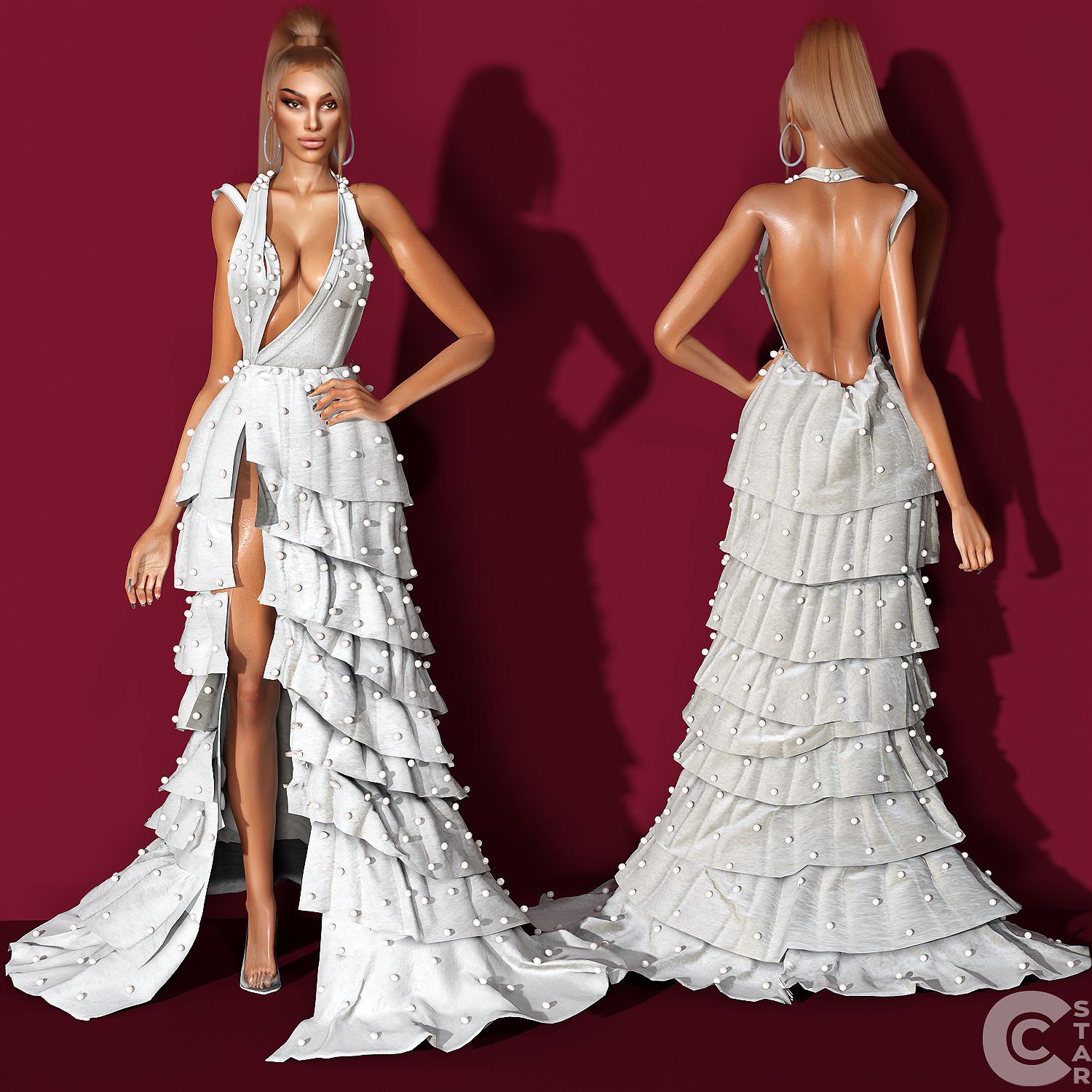 Deep Slit Bridal Dress with Pearls mod for The Sims 4 