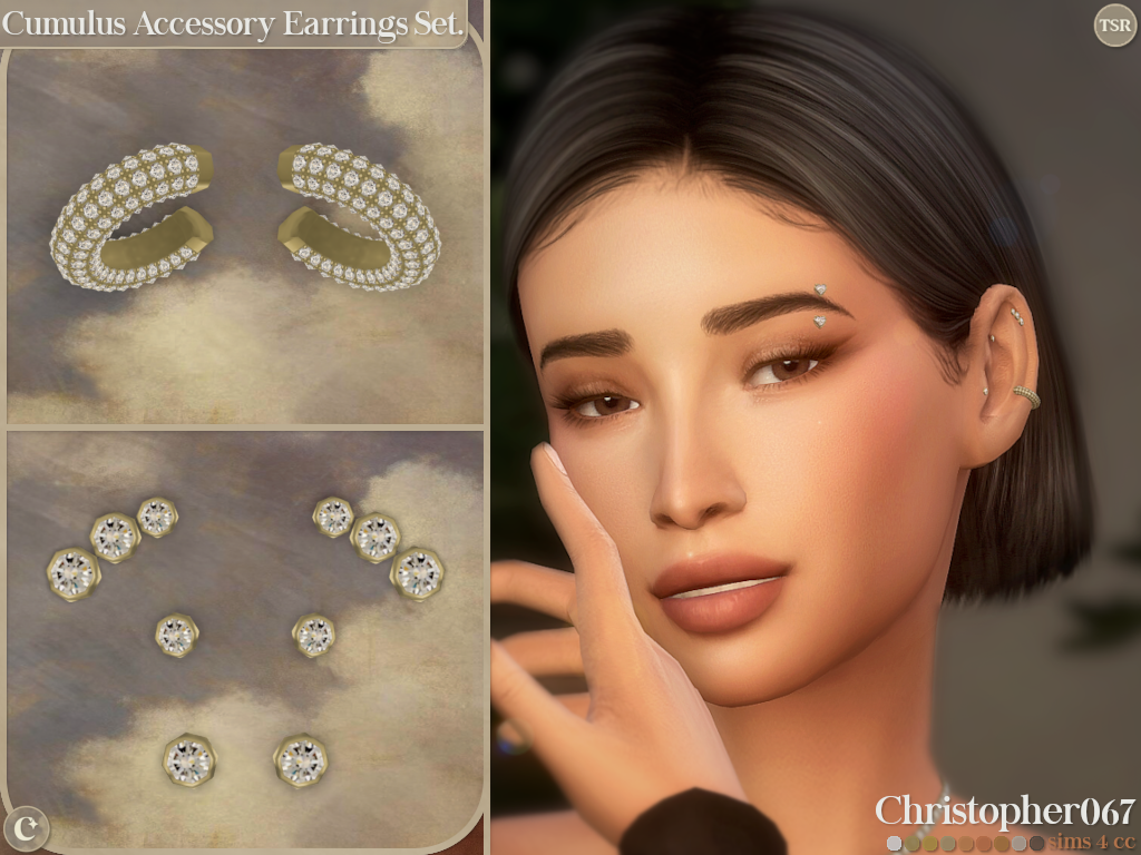 Cumulus Accessory Earrings Set - Diamond Stud and Cuff Add-on Earrings mod for The Sims 4 