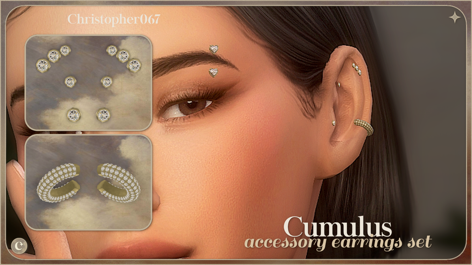 Cumulus Accessory Earrings Set - Diamond Stud and Cuff Add-on Earrings mod for The Sims 4 